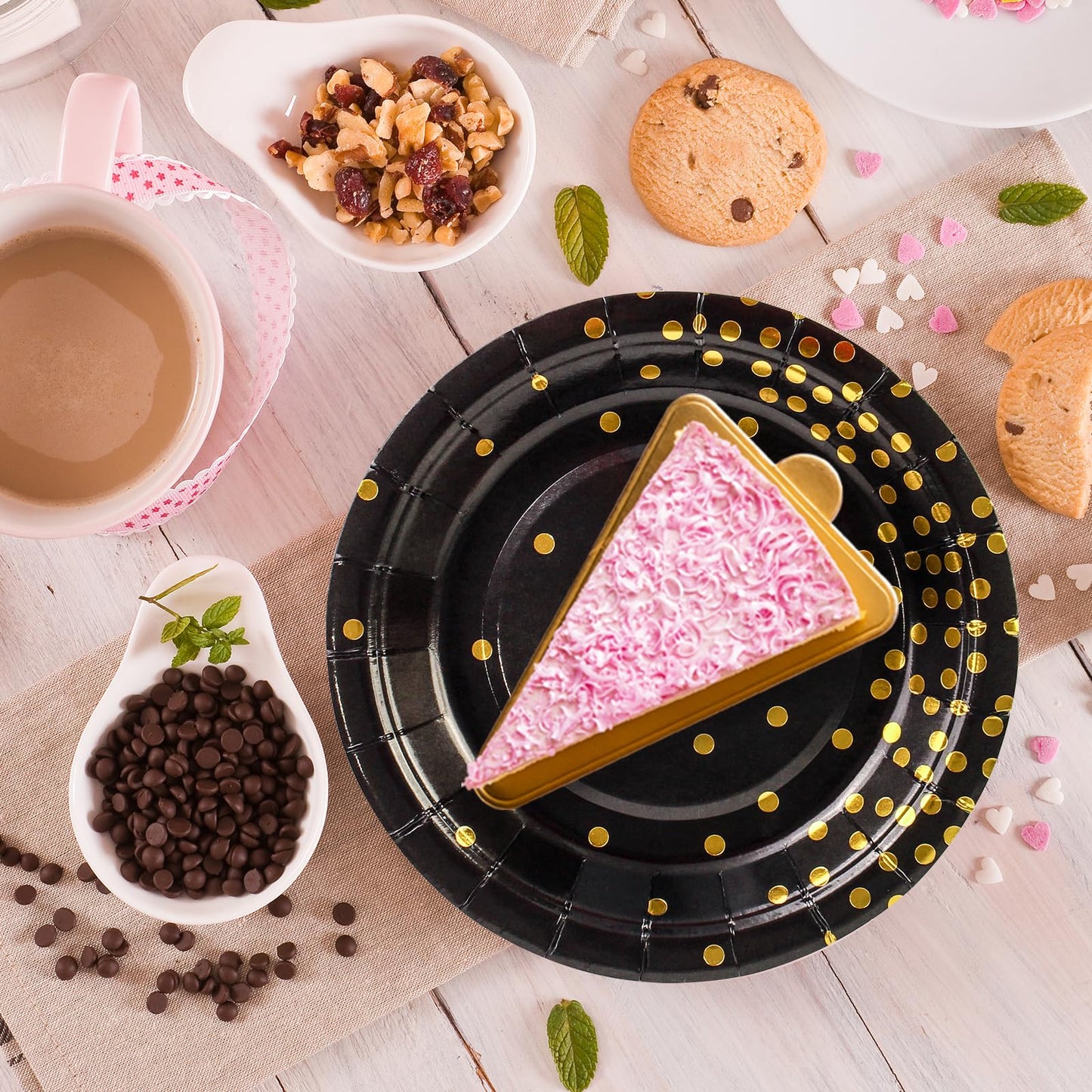 50Pcs Black and Gold Birthday Dinner Plates and Napkins, 9 Inch Gold Foil Dot Dessert Plates with Napkins for Birthdays, Weddings and New Year, Serves 25