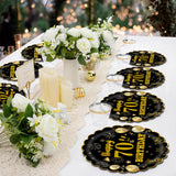 EVYIENEN 50Pcs 70th Birthday Party Paper Plates,7inch Disposable Black and Gold Scalloped Dessert Party Plates for Birthday Wedding Anniversary Reception Event Decorations