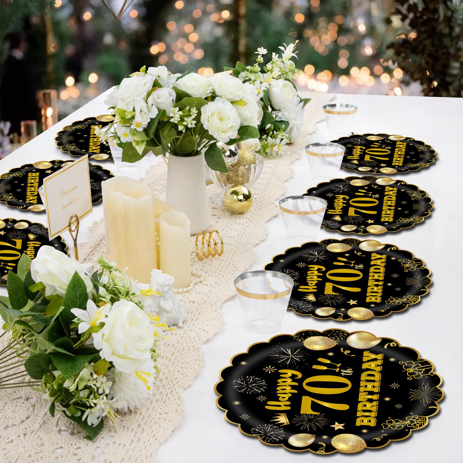 EVYIENEN 50Pcs 70th Birthday Party Paper Plates,7inch Disposable Black and Gold Scalloped Dessert Party Plates for Birthday Wedding Anniversary Reception Event Decorations