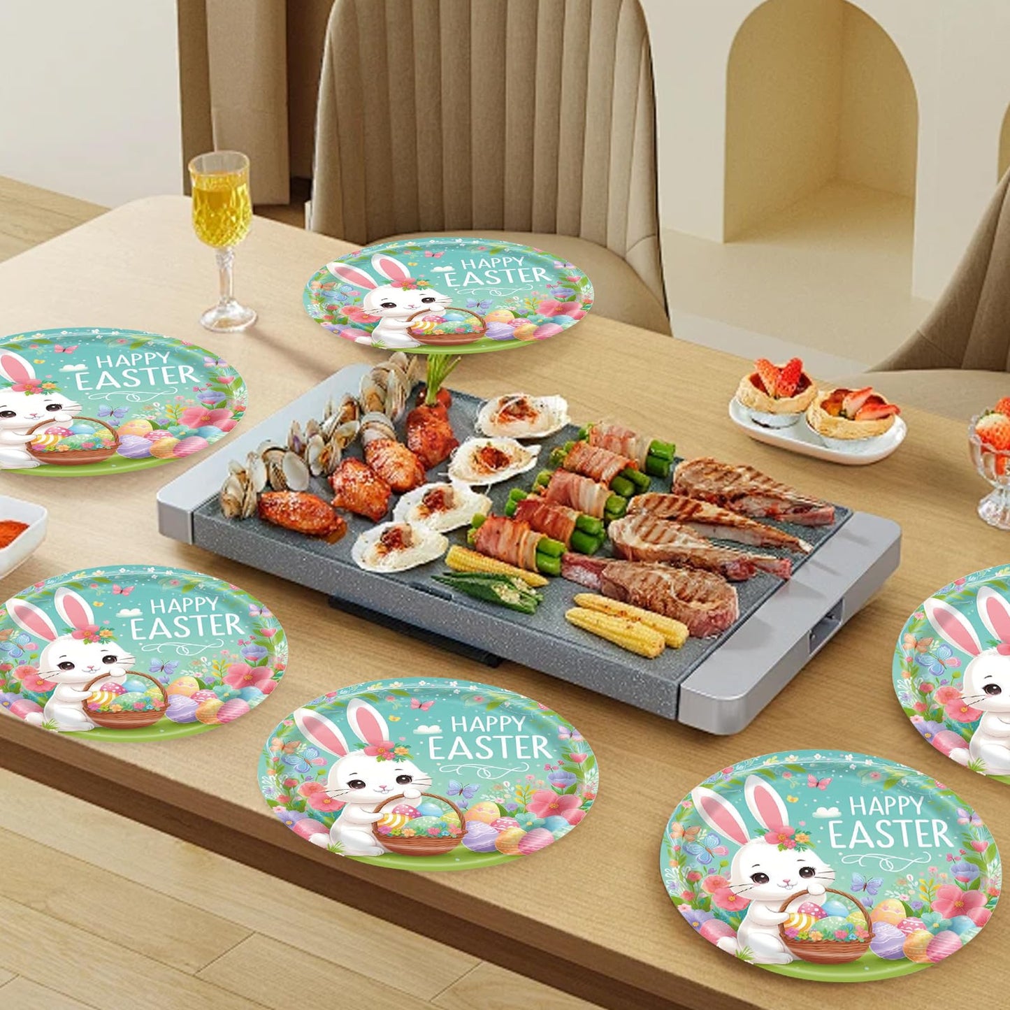 75Pcs Easter Bunny Tableware Set with Forks, 7 Inch Disposable Egg and Spring Flower Plates and Napkins, Serves 25