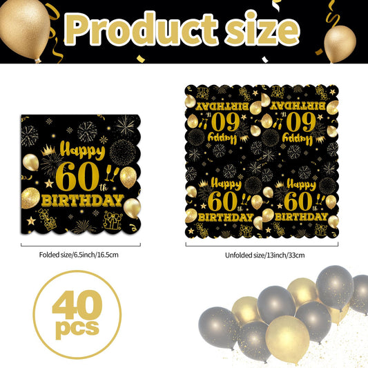 40pcs 60th Birthday Paper Napkins,13 x 13 inch Black and Gold Scalloped Dessert Cocktail Napkins Disposable Party Men Women Napkins 60th Birthday Decorations