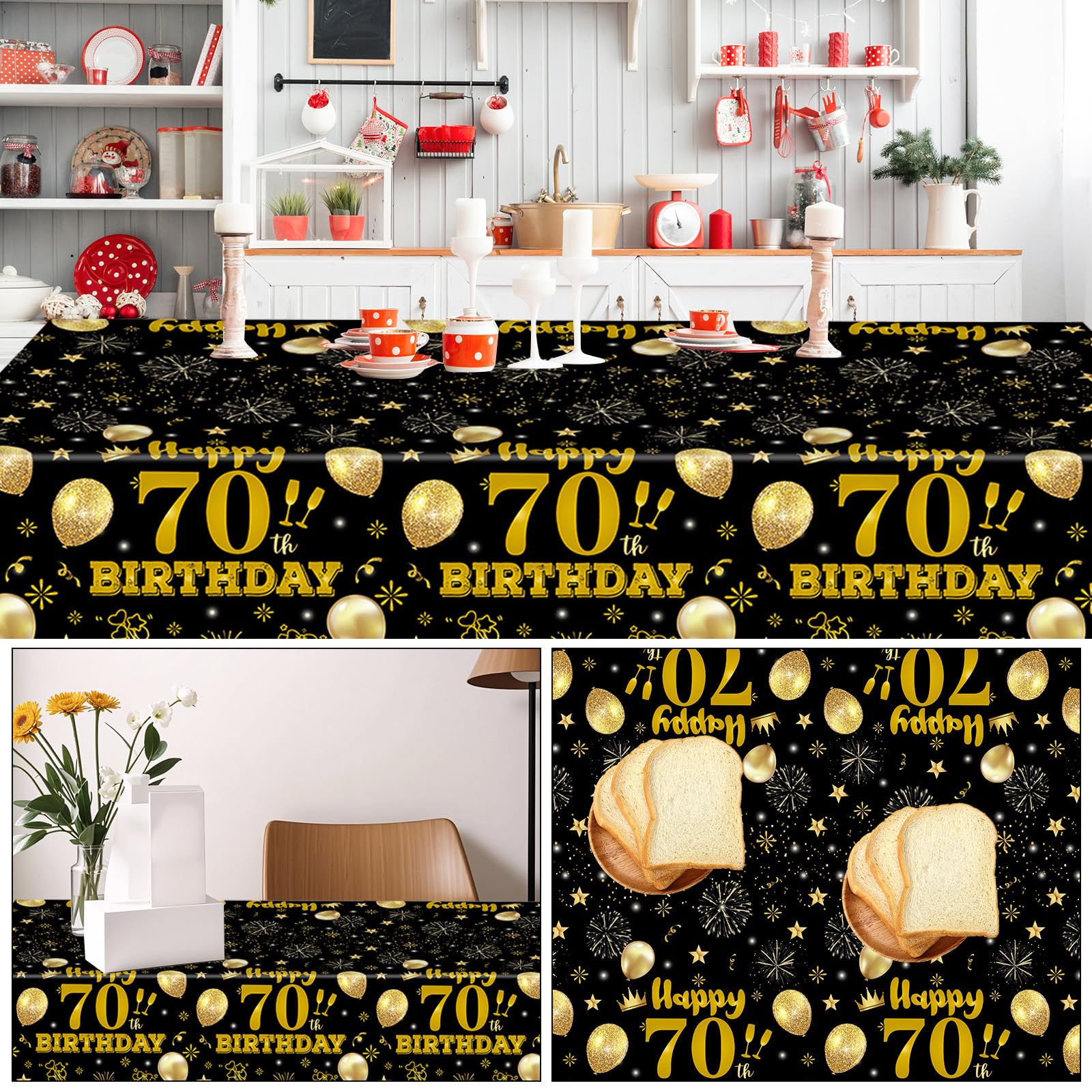 EVYIENEN 2 Pack 70th Birthday Tablecloth,Disposable Black Gold Plastic Waterproof Rectangular Table Covers for Christmas Party Decorations Men Women, 54 x 108 Inch