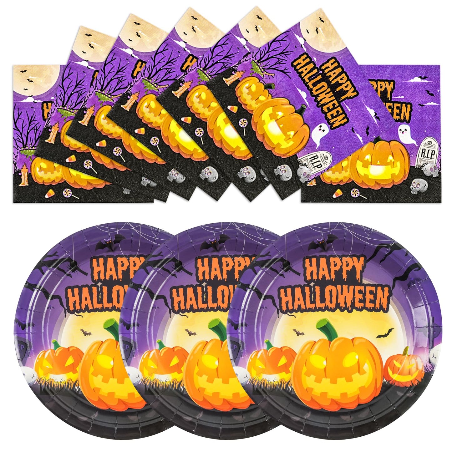 EVYIENEN 40PCS Happy Halloween Paper Plates and Napkins,9Inch Disposable Pumpkin Ghost Dessert Plates for Halloween Theme Birthday Party Supplies,Serve 20
