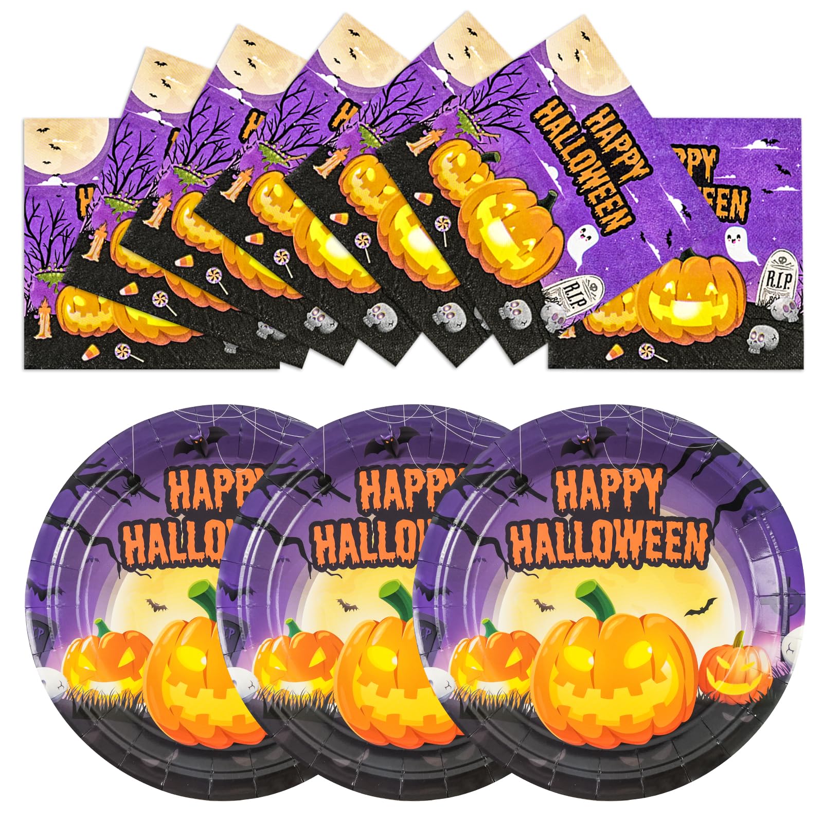 EVYIENEN 40PCS Happy Halloween Paper Plates and Napkins,9Inch Disposable Pumpkin Ghost Dessert Plates for Halloween Theme Birthday Party Supplies,Serve 20