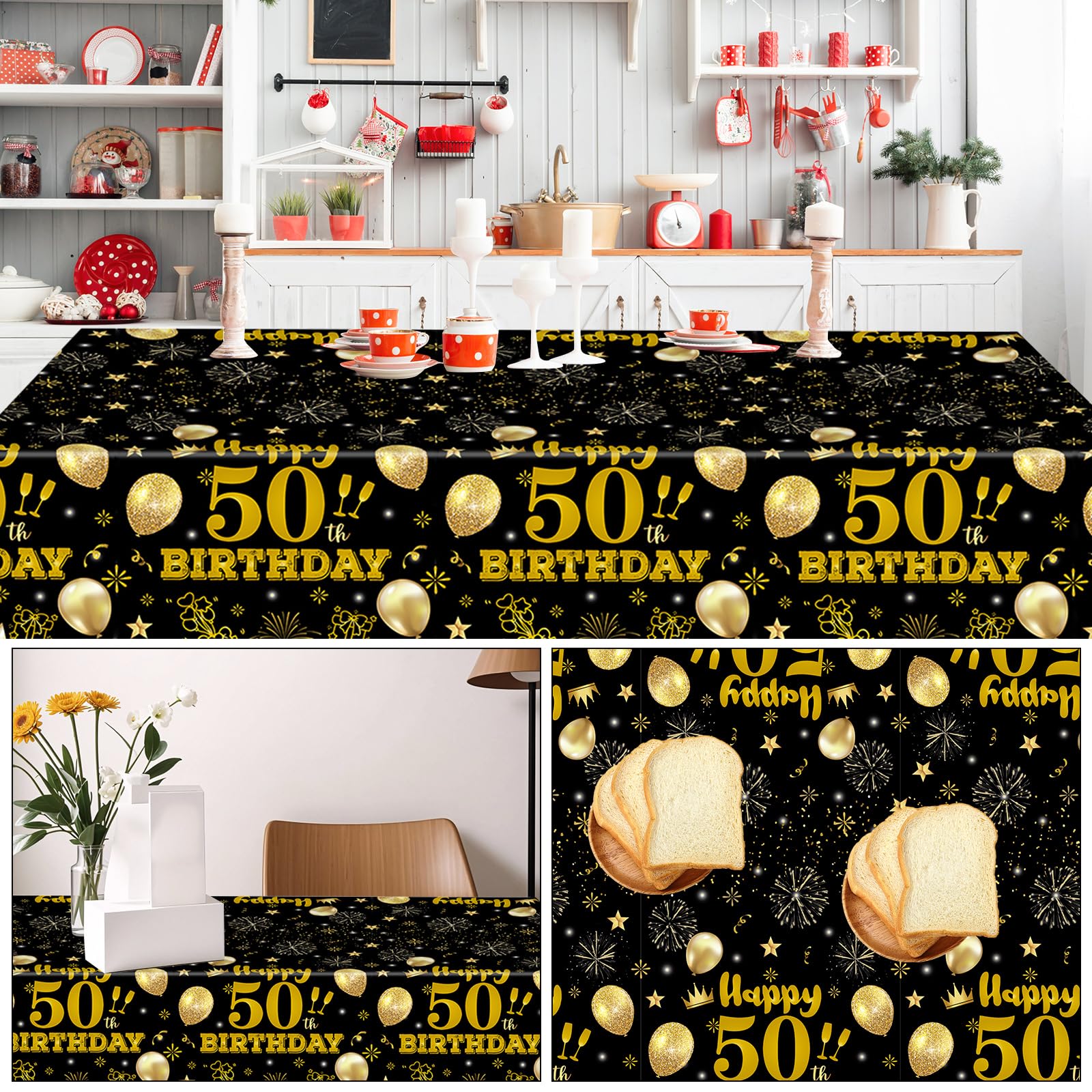 EVYIENEN 2 Pack 50th Birthday Tablecloth,Disposable Black Gold Plastic Waterproof Rectangular Table Covers for Christmas Party Decorations Men Women, 54 x 108 Inch