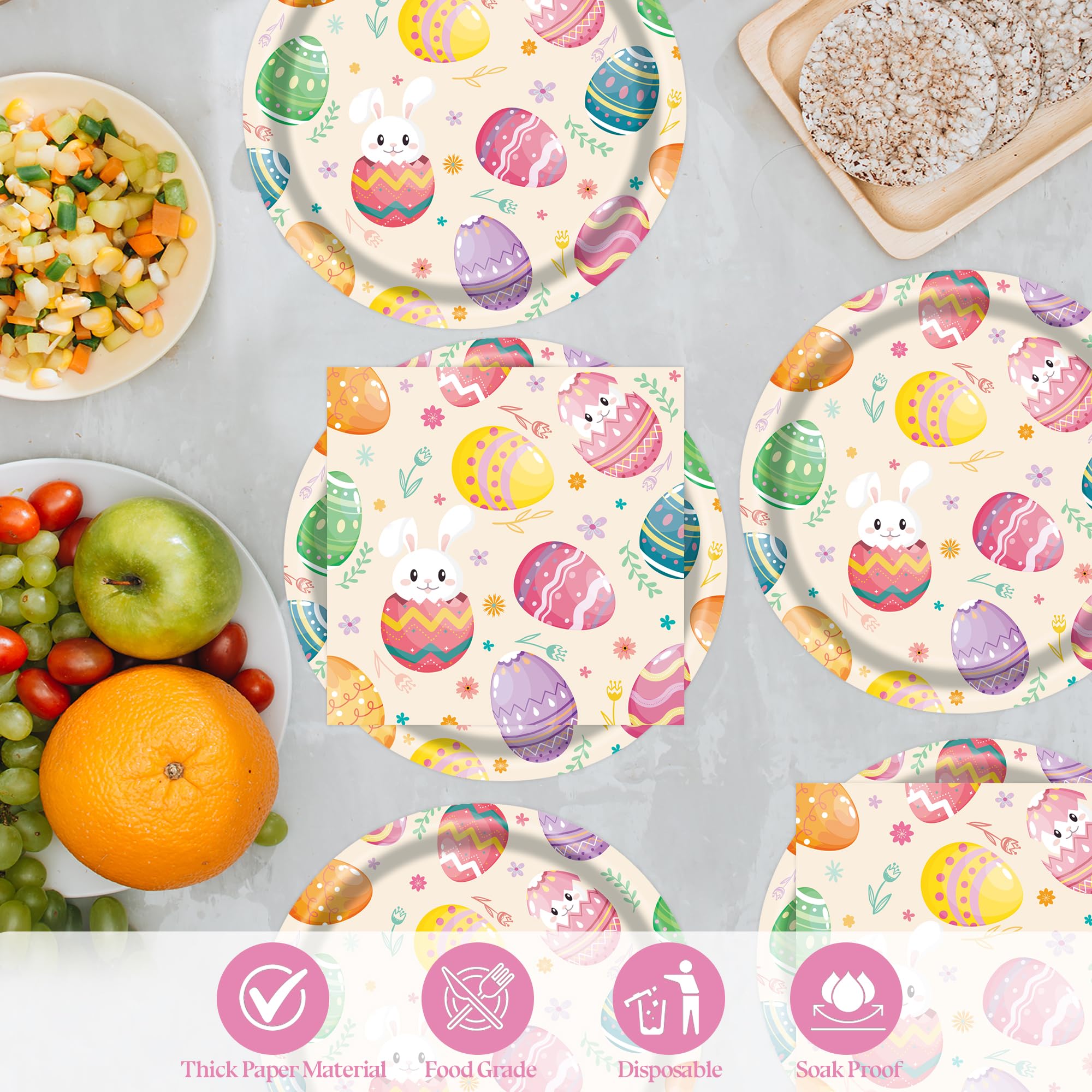 50 Pcs Easter Paper Plates and Napkins, 7 Inch Colorful Bunny & Egg Tableware Set, Serves 25