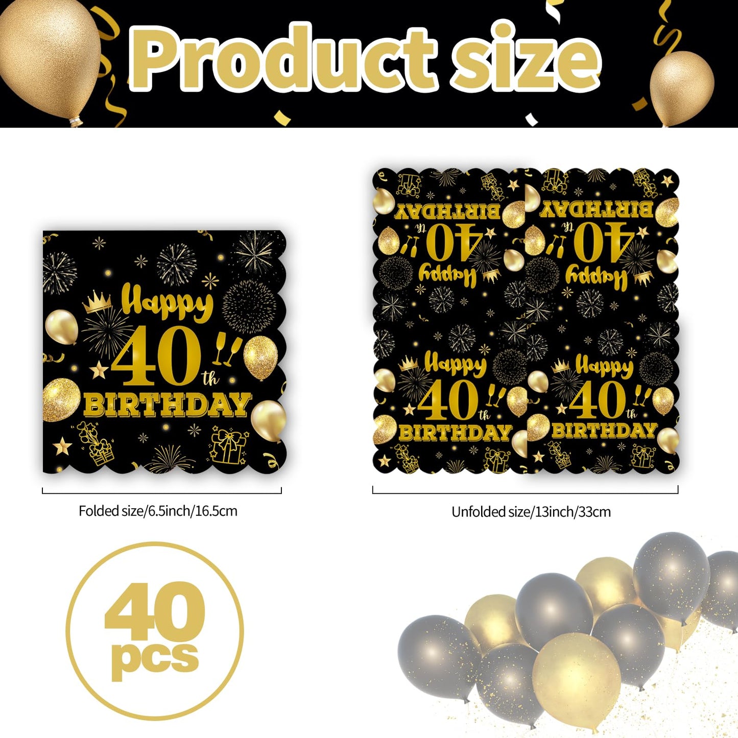 40pcs 80th Birthday Paper Napkins,13 x 13 inch Black and Gold Scalloped Dessert Cocktail Napkins Disposable Party Men Women Napkins 80th Birthday Decorations