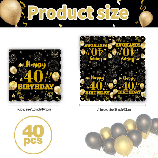 40pcs 80th Birthday Paper Napkins,13 x 13 inch Black and Gold Scalloped Dessert Cocktail Napkins Disposable Party Men Women Napkins 80th Birthday Decorations
