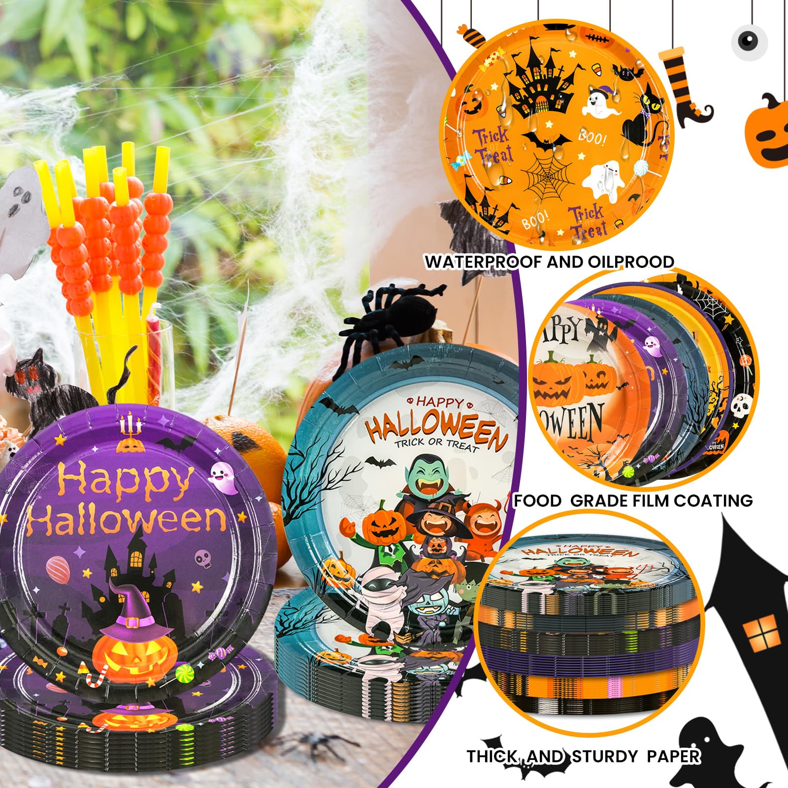 EVYIENEN 60 PCS Halloween Paper Plates,7 inch Paper Plates Pumpkin Monster Bat Skull and Ghost Disposable Cake Dessert Plate for Halloween Party Dinner Tableware Decoration Supplies