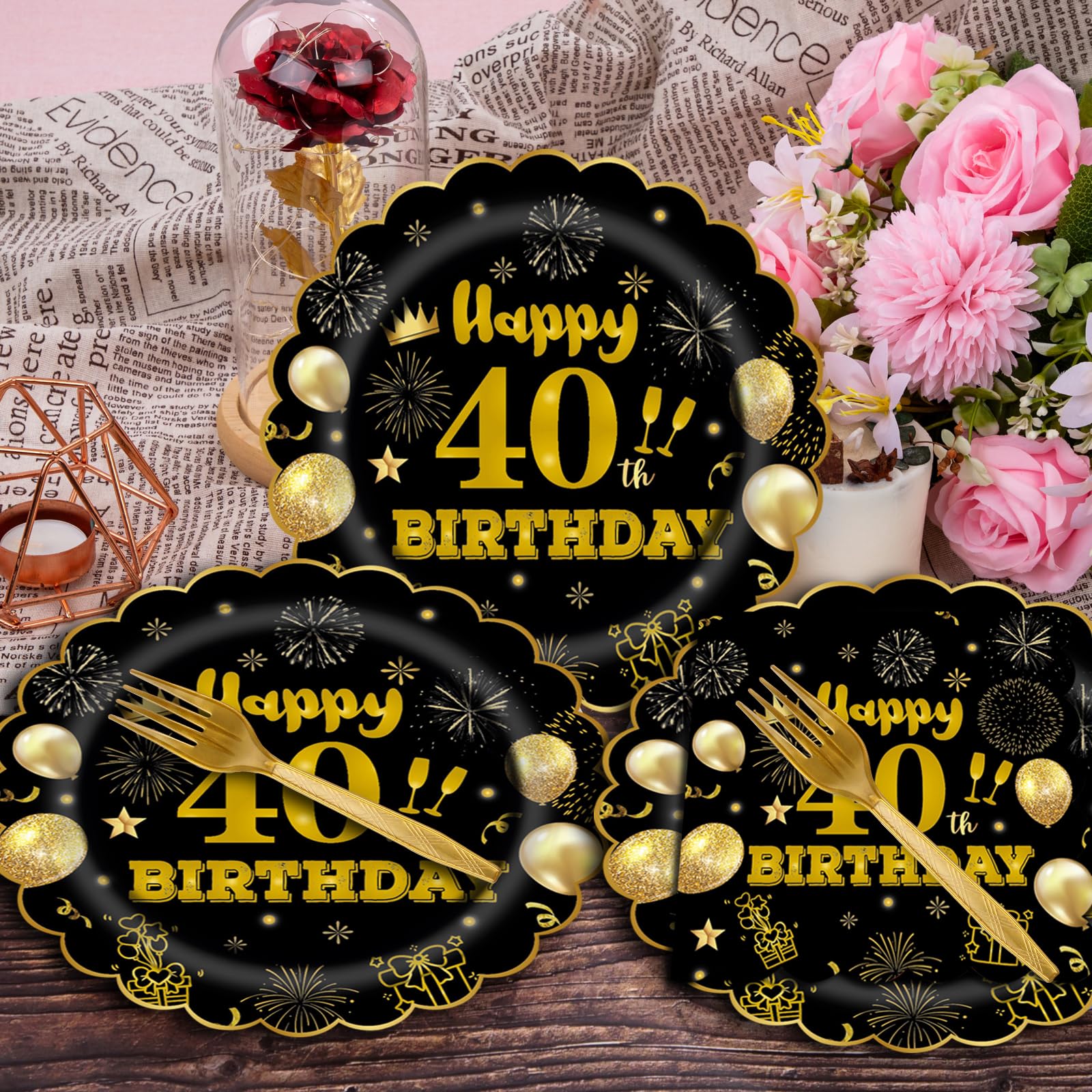 EVYIENEN 96Pcs 40th Birthday Party Tableware Set,Back in 1965 Birthday Party Decorations Supplies, Disposable Black and Gold 40th Birthdays Paper Plates Napkins Forks Favors for Men Women, Serve 24