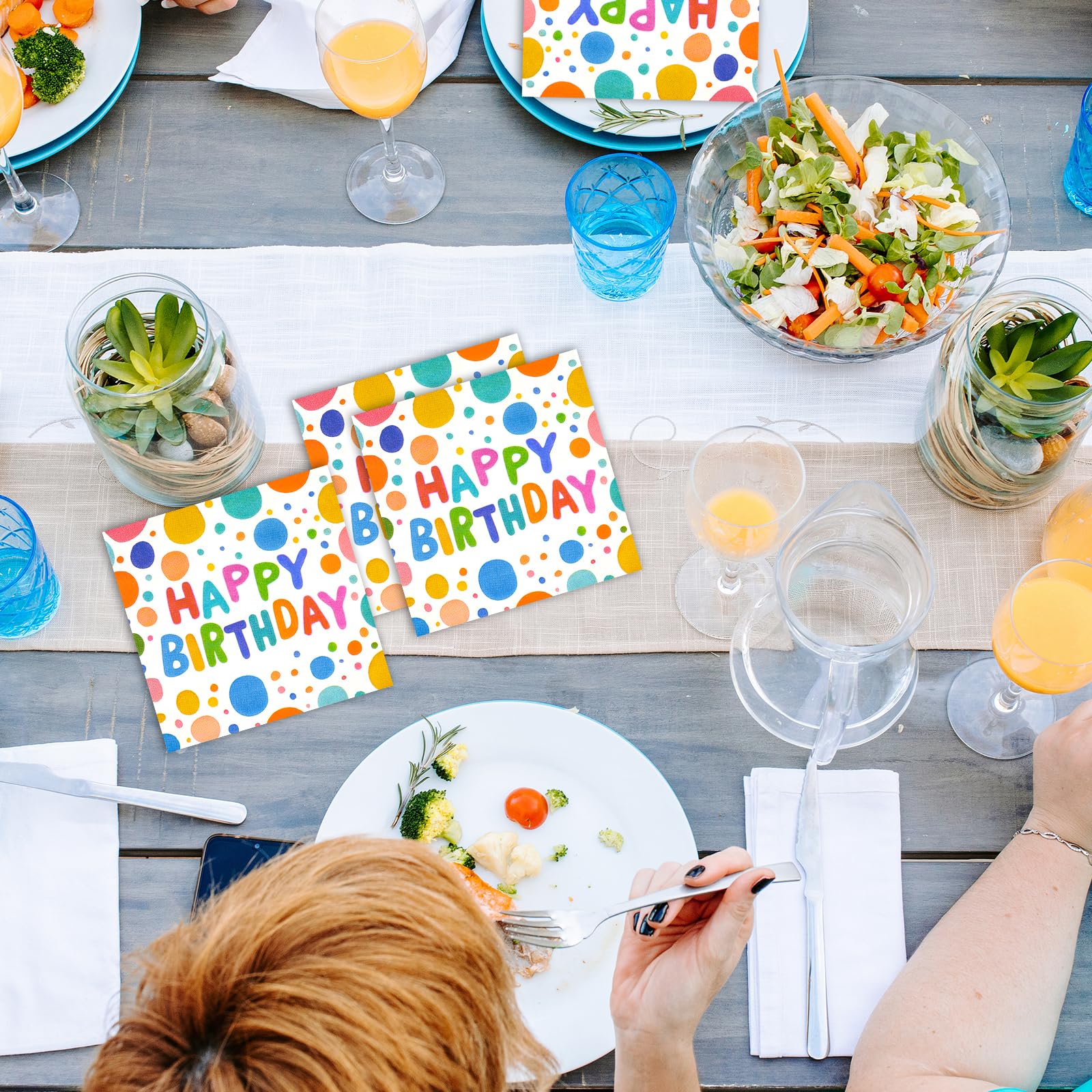 50PCS Happy Birthday Paper Napkins 13 x 13 Inches Luncheon Napkins Colourful Dots Cocktail Napkins Disposable Theme Tableware Party Decorations Supplies for Kids Baby Shower Party