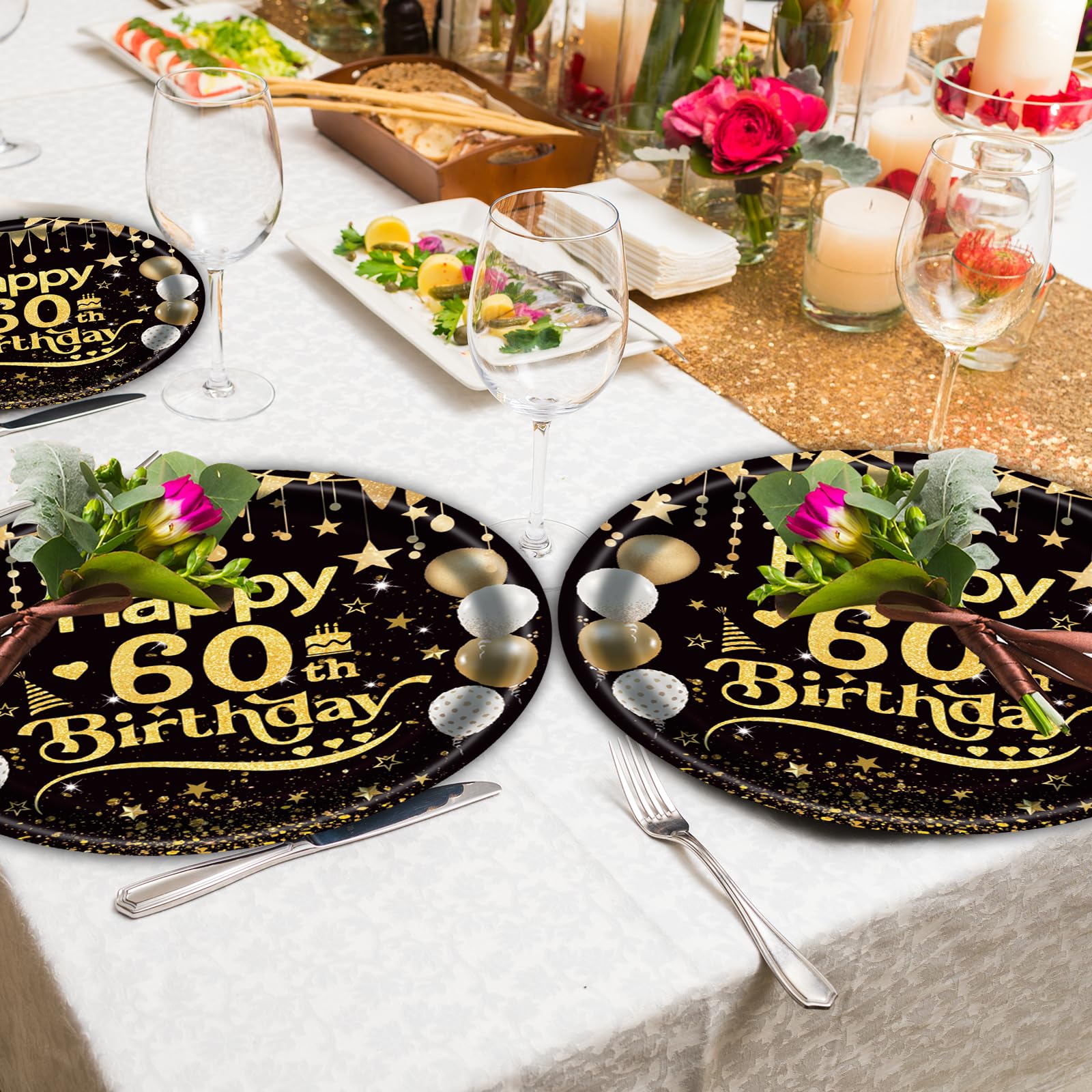 50Pcs 60th Birthday Paper Plates, 9 Inch Black and Gold Disposable Dessert Plates for Men and Women, 60th Birthday and Wedding Party