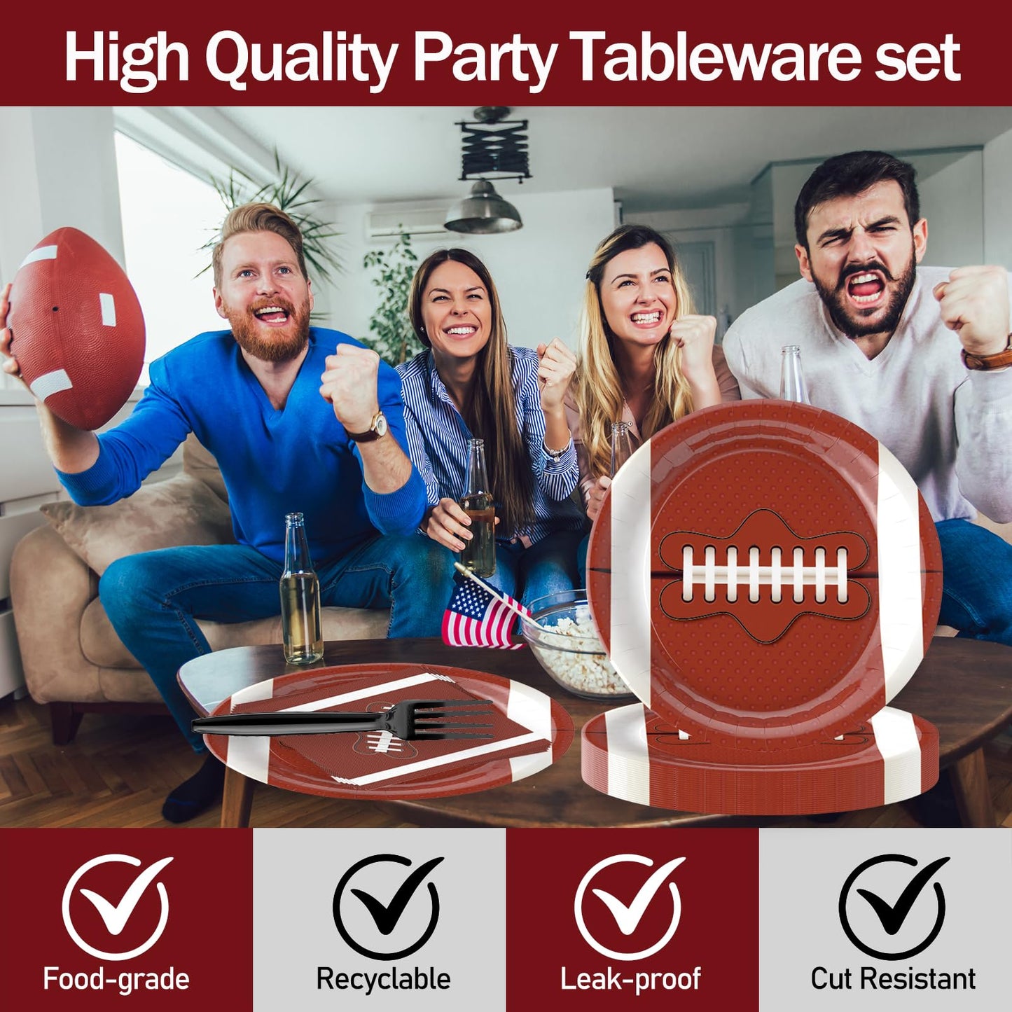 EVYIENEN 75PCS Football Paper Plates and Napkins Party Supplies,7 Inch Disposable Tableware Set Forks Sport Birthday Party Dinnerware for Kits Serve 25 Guests