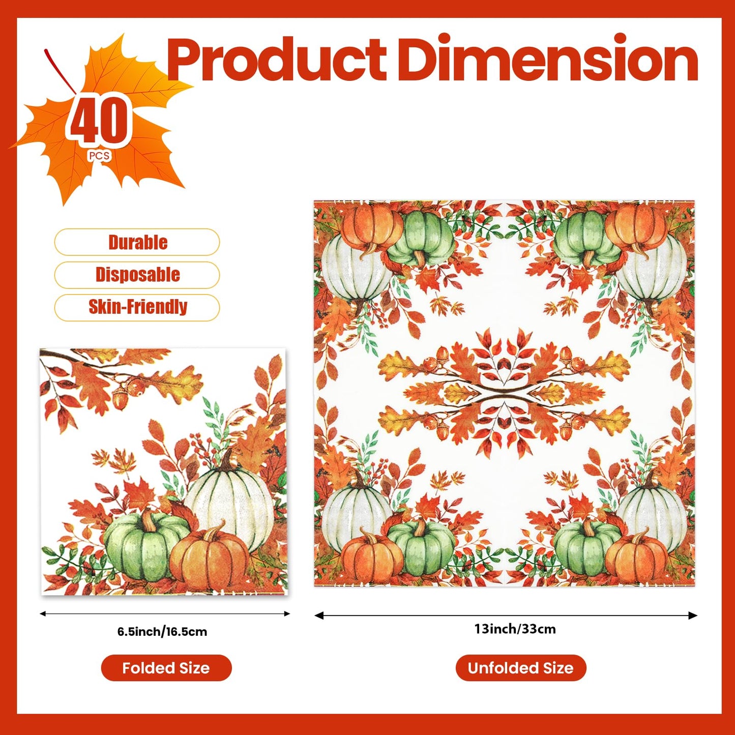 40 PCS Fall Pumpkin Paper Napkins Watercolor Autumn Luncheon Napkins Disposable Pumpkins Maple Leaves Party Napkin for Autumn Thanksgiving Harvest Home Kitchen Party Supplies, 6.5 x 6.5 Inch