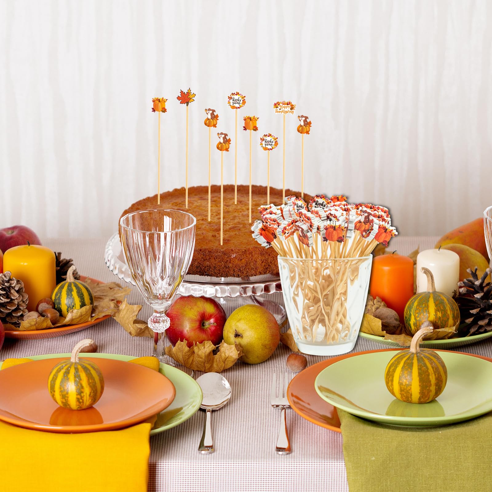 150PCS Thanksgiving Cocktail Picks,Autumn Theme Turkey Squirrel Pumpkin Maple Leaf Bamboo Cocktail Toothpicks Fruit Skewers Drink Dessert for Thanksgiving Day Party Decoration