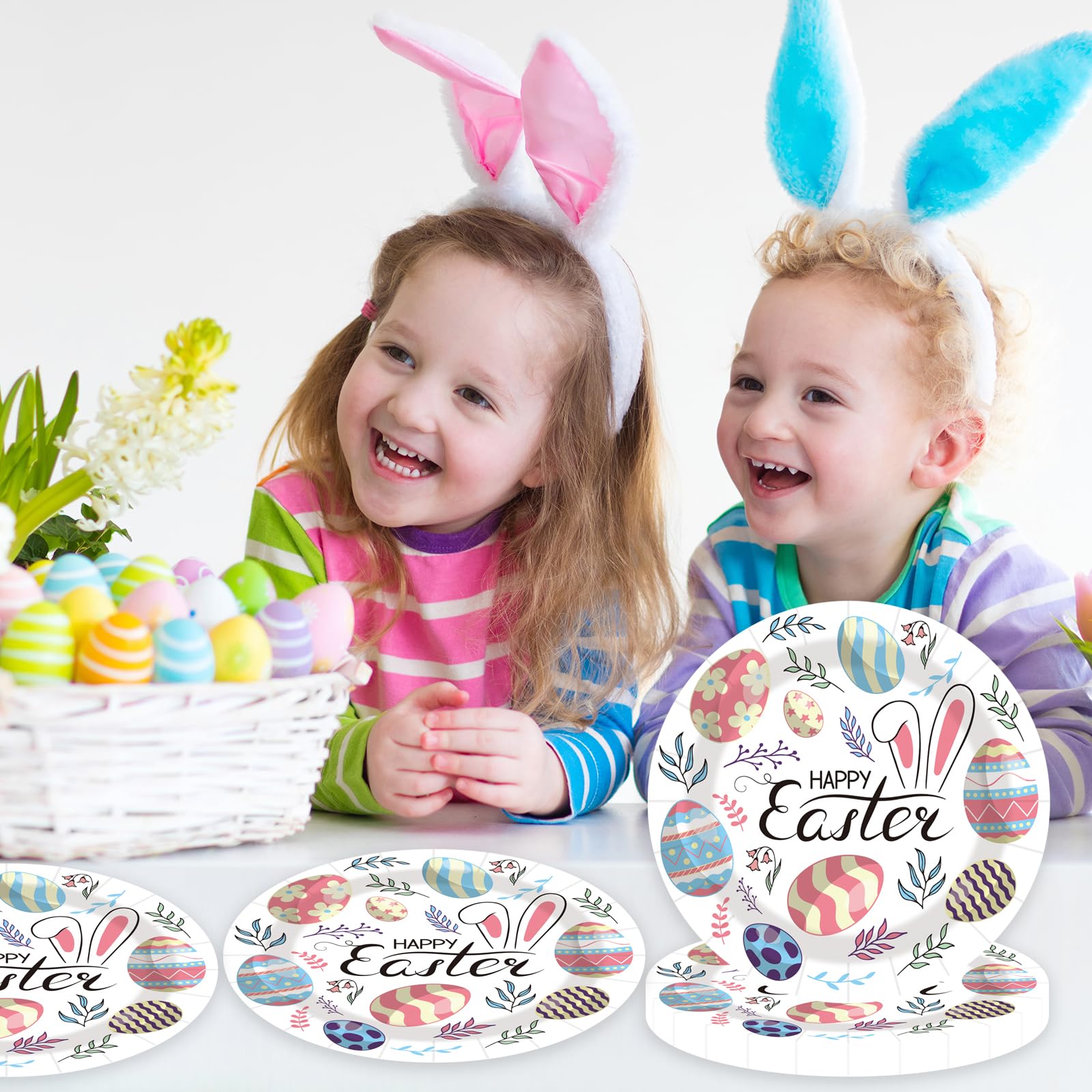 50PCS Happy Easter Bunny Paper Plates, 7-Inch Colorful Dessert Plates for Spring Parties & Table Decorations