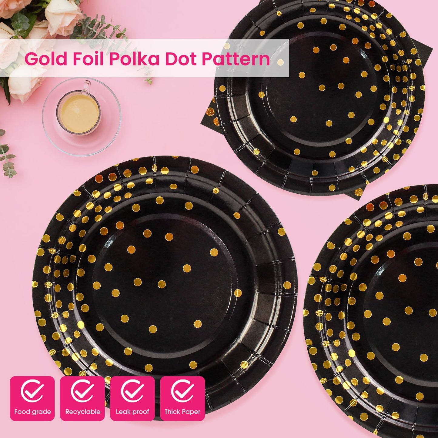 50Pcs Black and Gold Birthday Dinner Plates and Napkins, 9 Inch Gold Foil Dot Dessert Plates with Napkins for Birthdays, Weddings and New Year, Serves 25