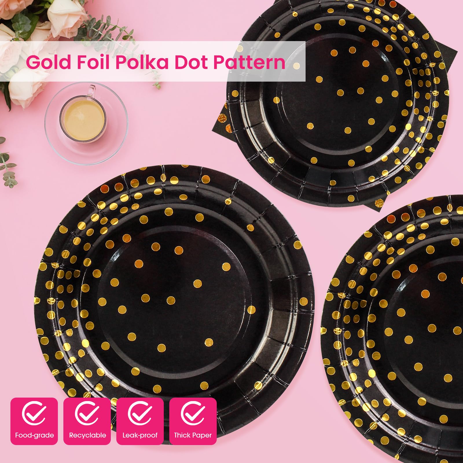 50Pcs Black and Gold Birthday Dinner Plates and Napkins, 9 Inch Gold Foil Dot Dessert Plates with Napkins for Birthdays, Weddings and New Year, Serves 25