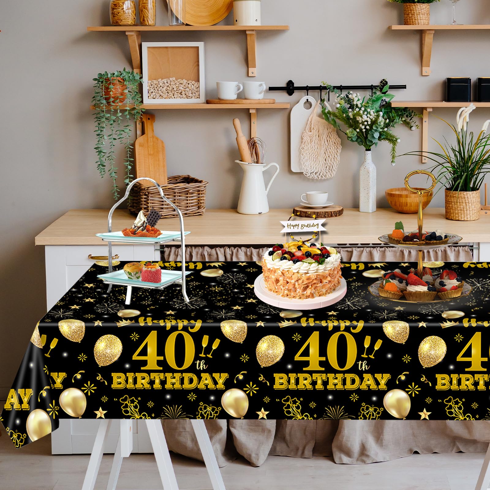 EVYIENEN 2 Pack 40th Birthday Tablecloth,Disposable Black Gold Plastic Waterproof Rectangular Table Covers for Christmas Party Decorations Men Women, 54 x 108 Inch