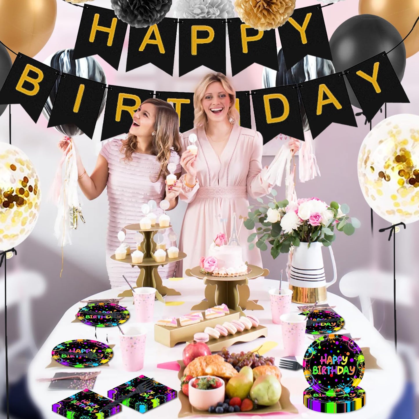 EVYIENEN 75Pcs Neon Birthday Plates and Napkins Party Supplies,7 Inch Neon Paper Plates and 6.5 Inch Napkins with 6.3 Inch Forks Disposable Tableware Set for Birthday Party Decorations,Serve 25