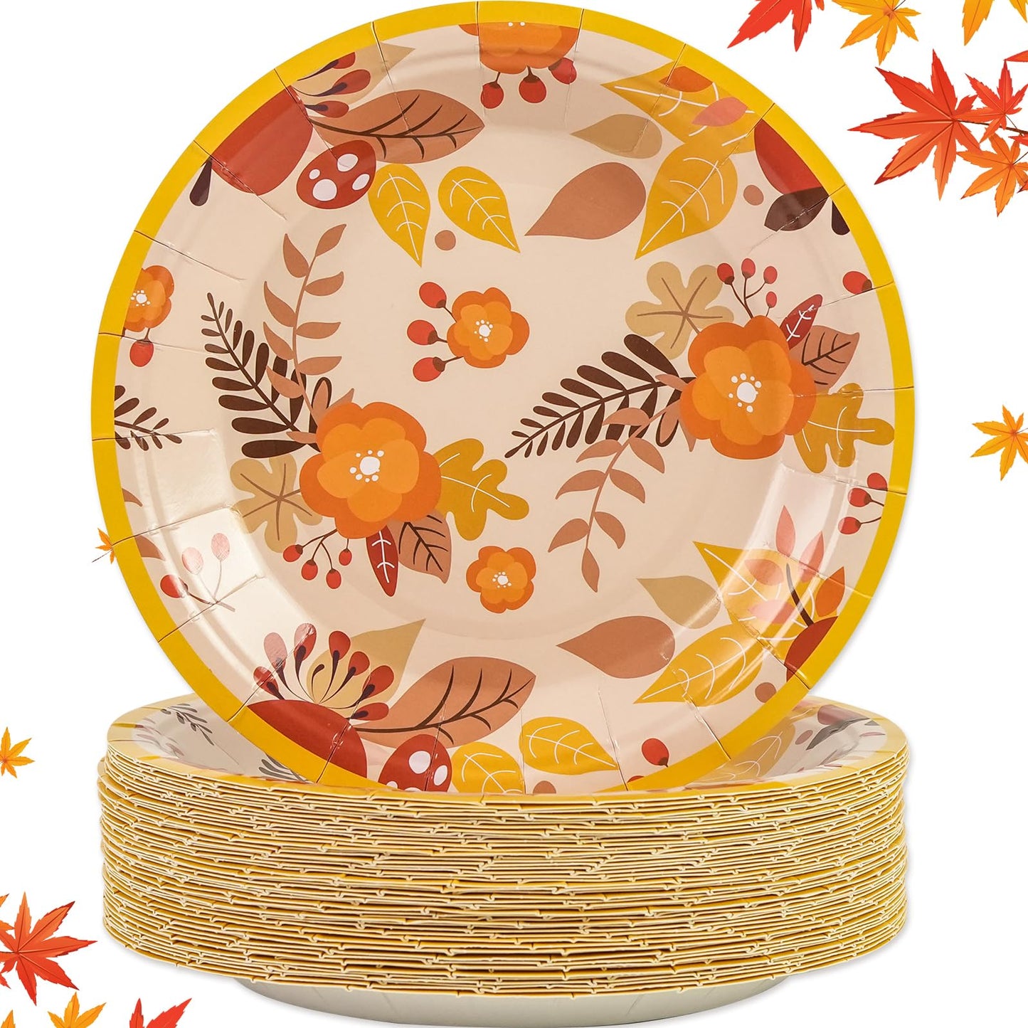 50 Pack Fall Paper Plates,7inch Disposable Fall Maple Leaf Paper Dinner Party Plates for Thanksgiving Birthday Holiday Family Gatherings Parties (Maple Leaf)