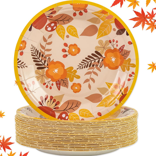 50 Pack Fall Paper Plates,7inch Disposable Fall Maple Leaf Paper Dinner Party Plates for Thanksgiving Birthday Holiday Family Gatherings Parties (Maple Leaf)