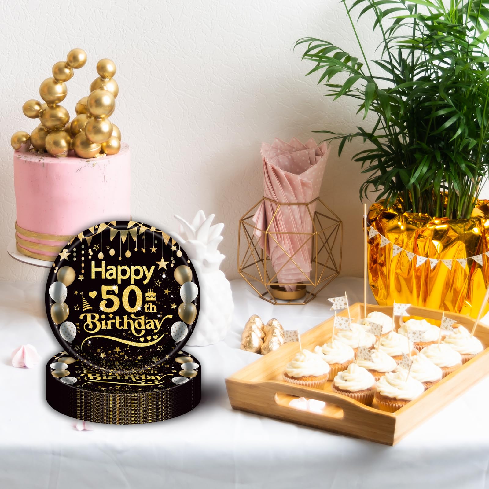 50Pcs 50th Birthday Paper Plates, 9 Inch Black and Gold Disposable Dessert Plates for Men and Women, 50th Birthday and Wedding Party
