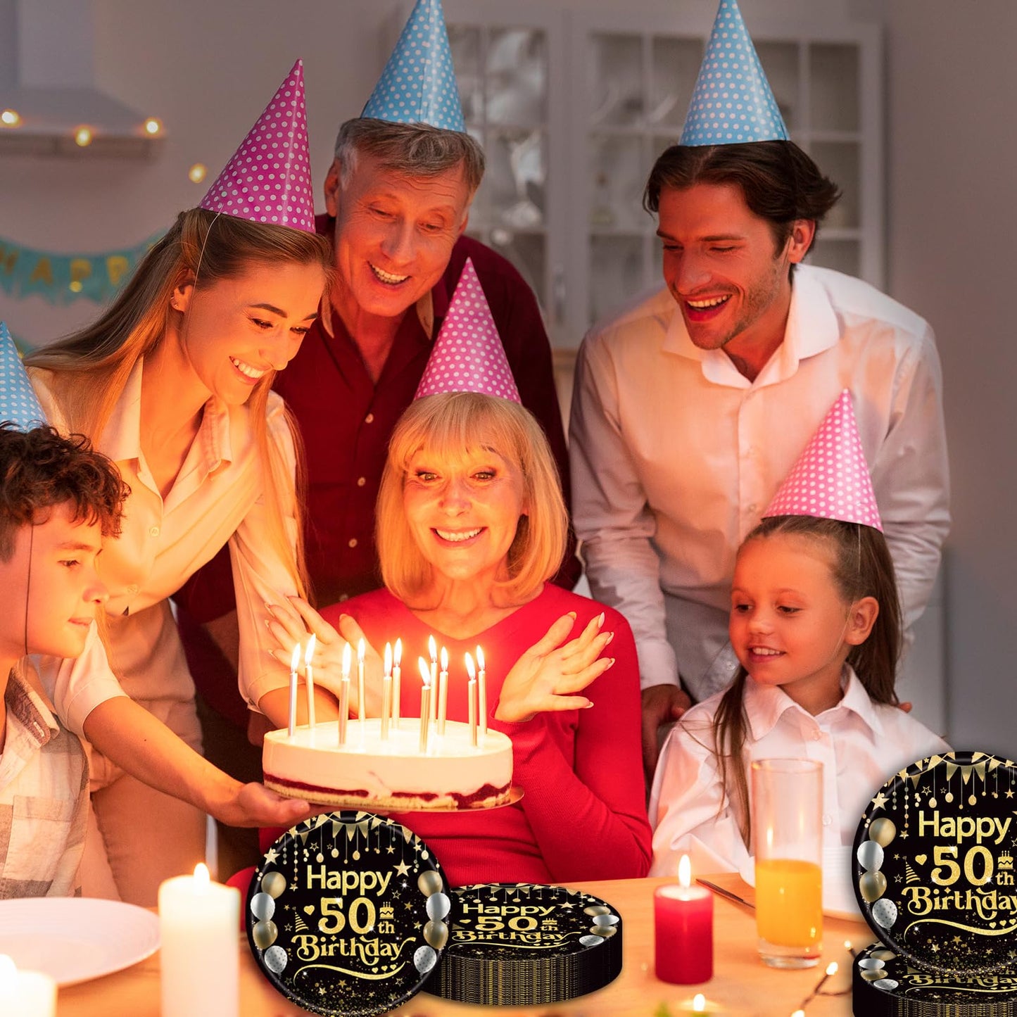 50Pcs 50th Birthday Paper Plates, 9 Inch Black and Gold Disposable Dessert Plates for Men and Women, 50th Birthday and Wedding Party