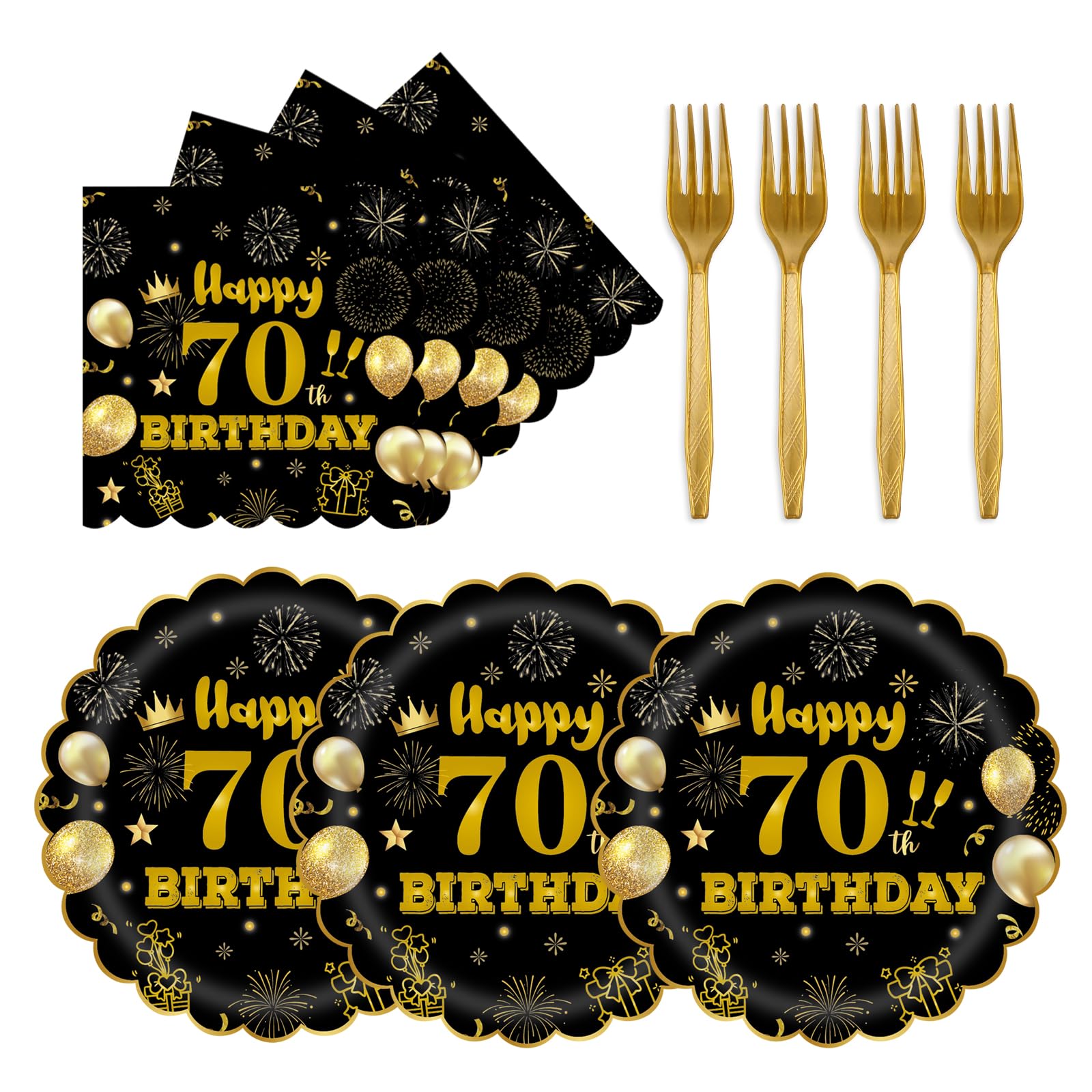 EVYIENEN 75 PCS 70th Birthday Party Supplies Paper Plates and Napkins,Black and Gold 70th Birthday Plates Napkins Tableware Set for Boys Girls Tableware Set Decorations