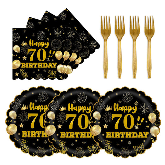 EVYIENEN 75 PCS 70th Birthday Party Supplies Paper Plates and Napkins,Black and Gold 70th Birthday Plates Napkins Tableware Set for Boys Girls Tableware Set Decorations