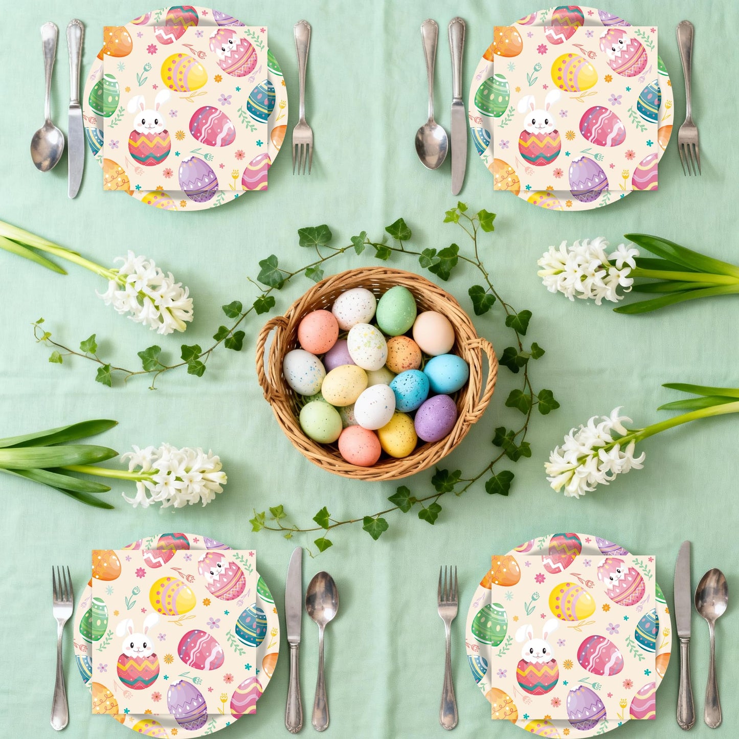 50 Pcs Easter Paper Plates and Napkins, 7 Inch Colorful Bunny & Egg Tableware Set, Serves 25