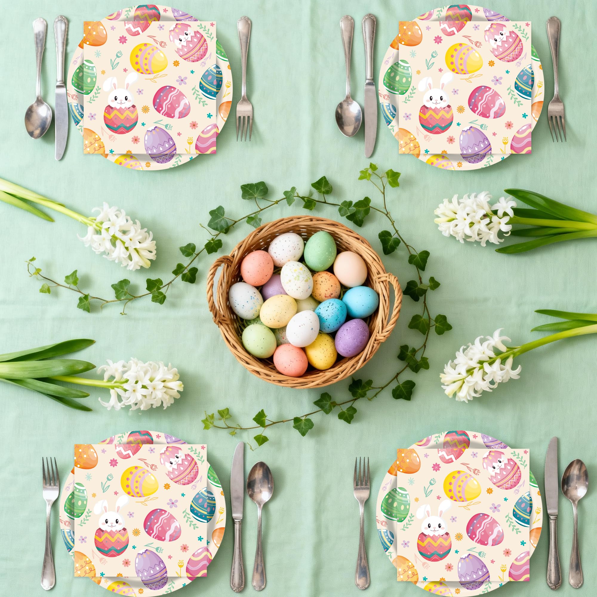 50 Pcs Easter Paper Plates and Napkins, 7 Inch Colorful Bunny & Egg Tableware Set, Serves 25