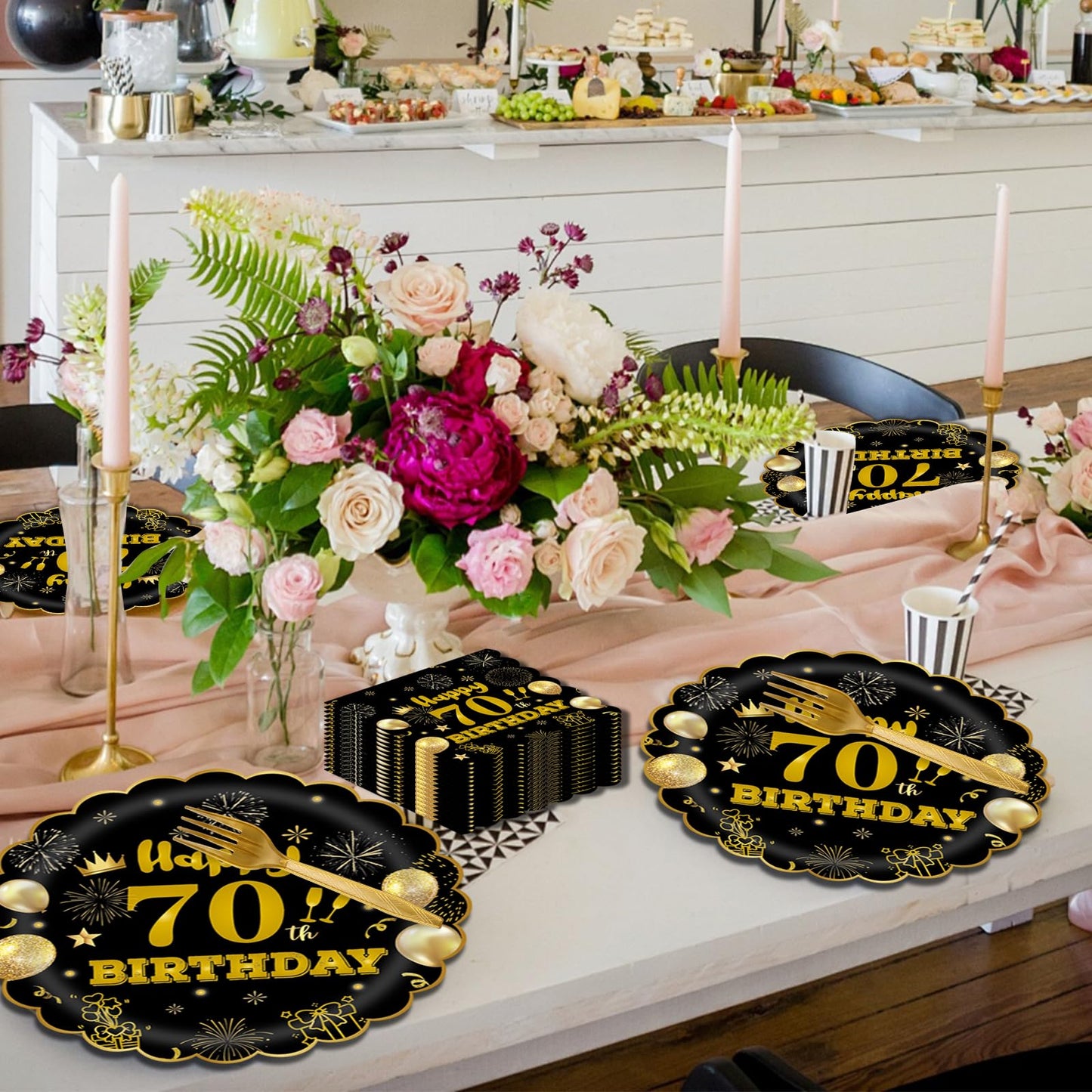 EVYIENEN 96Pcs 60th Birthday Party Tableware Set,Back in 1965 Birthday Party Decorations Supplies, Disposable Black and Gold 60th Birthdays Paper Plates Napkins Forks Favors for Men Women, Serve 24