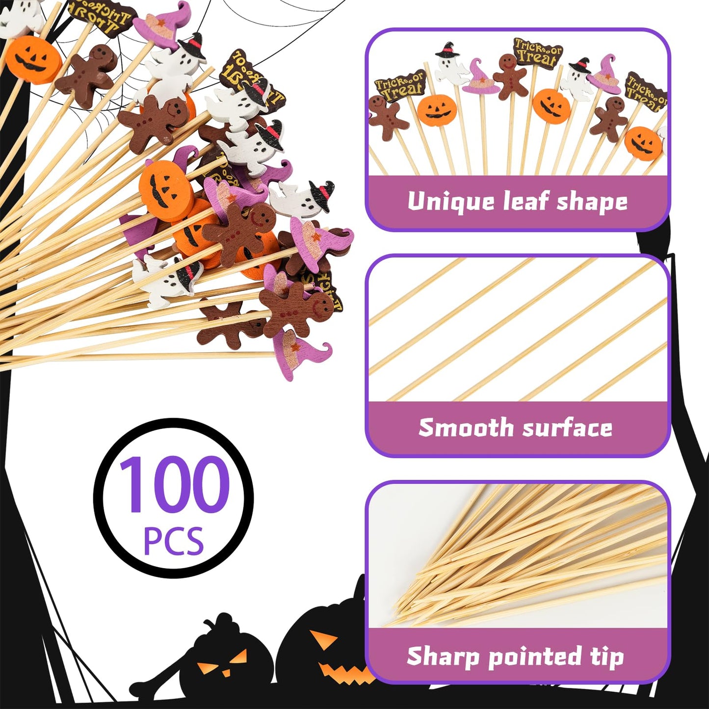 100PCS Halloween Cocktail Picks,4.7inch Halloween Toothpicks for Appetizers Natural Bamboo Cocktail Picks for Halloween Birthday Cake Party Decorations