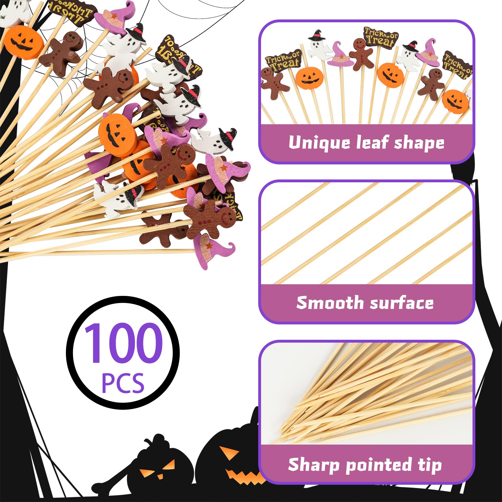 100PCS Halloween Cocktail Picks,4.7inch Halloween Toothpicks for Appetizers Natural Bamboo Cocktail Picks for Halloween Birthday Cake Party Decorations
