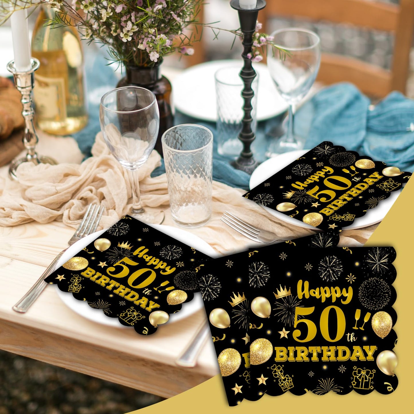 50pcs 40th Birthday Paper Napkins,13 x 13 inch Black and Gold Scalloped Dessert Cocktail Napkins Disposable Party Men Women Napkins 540th Birthday Decorations