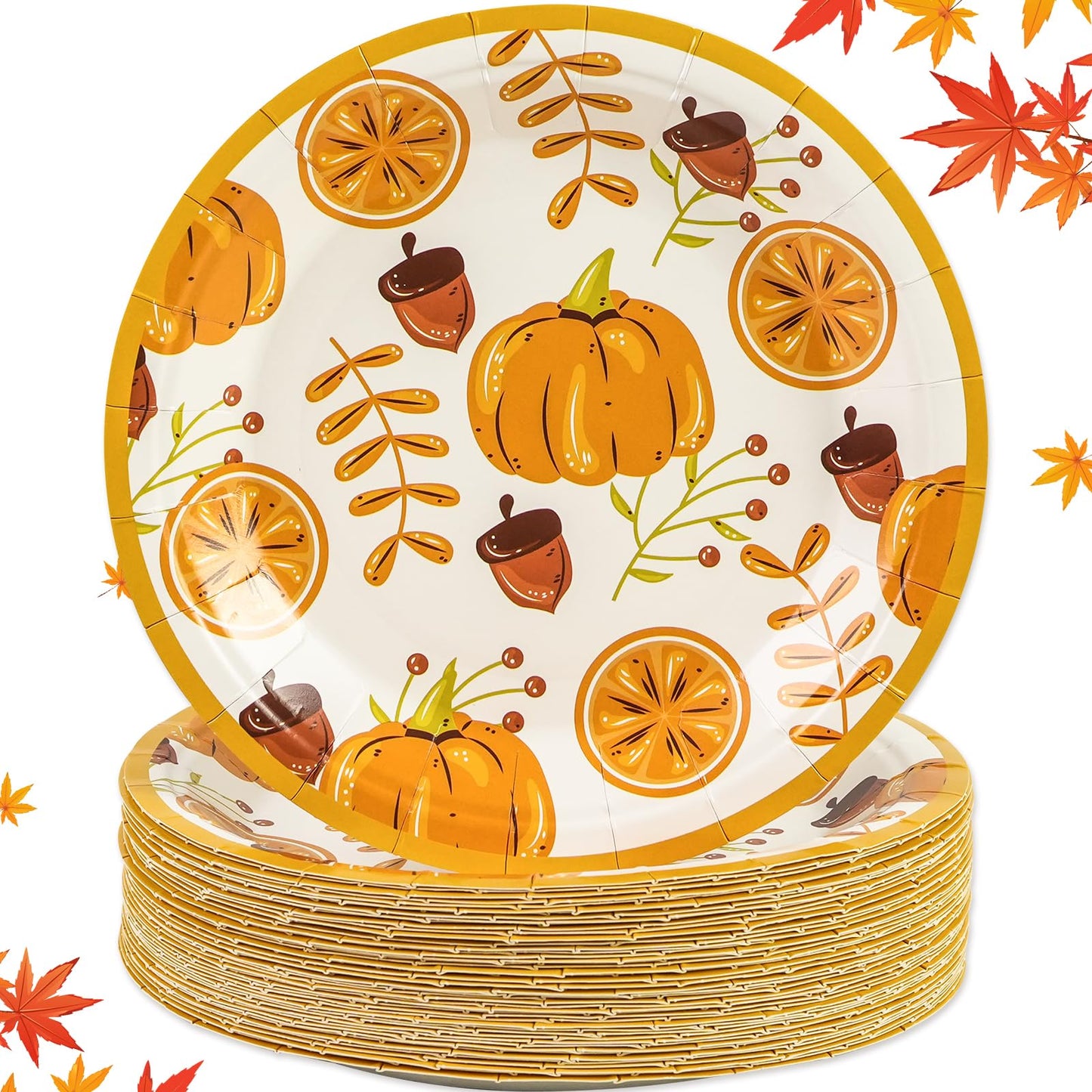 50 Pack Fall Paper Plates,7inch Disposable Fall Maple Leaf Paper Dinner Party Plates for Thanksgiving Pumpkins Birthday Holiday Family Gatherings Parties (Pumpkins)