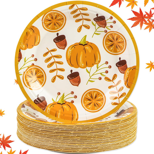 50 Pack Fall Paper Plates,7inch Disposable Fall Maple Leaf Paper Dinner Party Plates for Thanksgiving Pumpkins Birthday Holiday Family Gatherings Parties (Pumpkins)