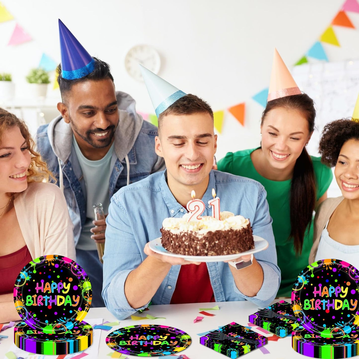 EVYIENEN 75Pcs Neon Birthday Plates and Napkins Party Supplies,7 Inch Neon Paper Plates and 6.5 Inch Napkins with 6.3 Inch Forks Disposable Tableware Set for Birthday Party Decorations,Serve 25
