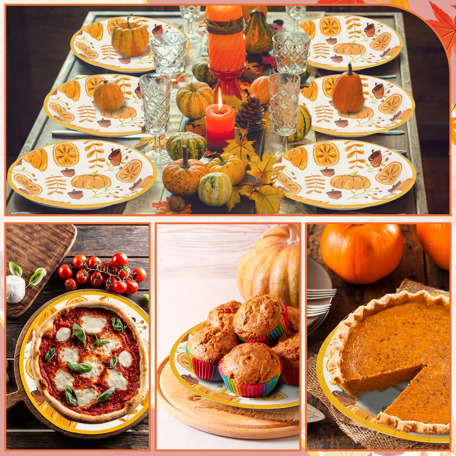 50 Pack Fall Paper Plates,7inch Disposable Fall Maple Leaf Paper Dinner Party Plates for Thanksgiving Pumpkins Birthday Holiday Family Gatherings Parties (Pumpkins)
