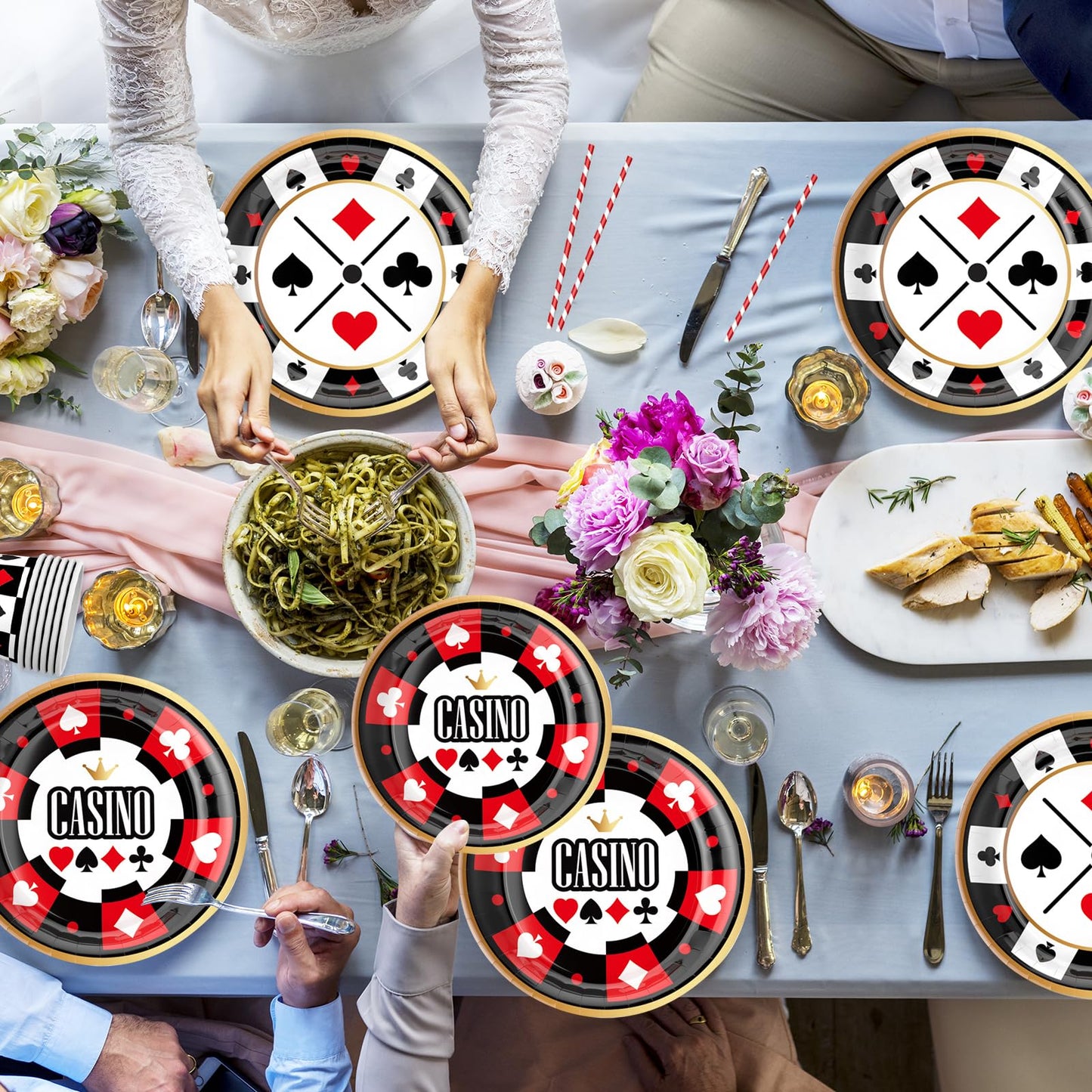 50PCS Casino Poker Tableware Set, Includes Straw Cups, Plates, Napkins - Disposable Party Supplies for Birthday, Weddings