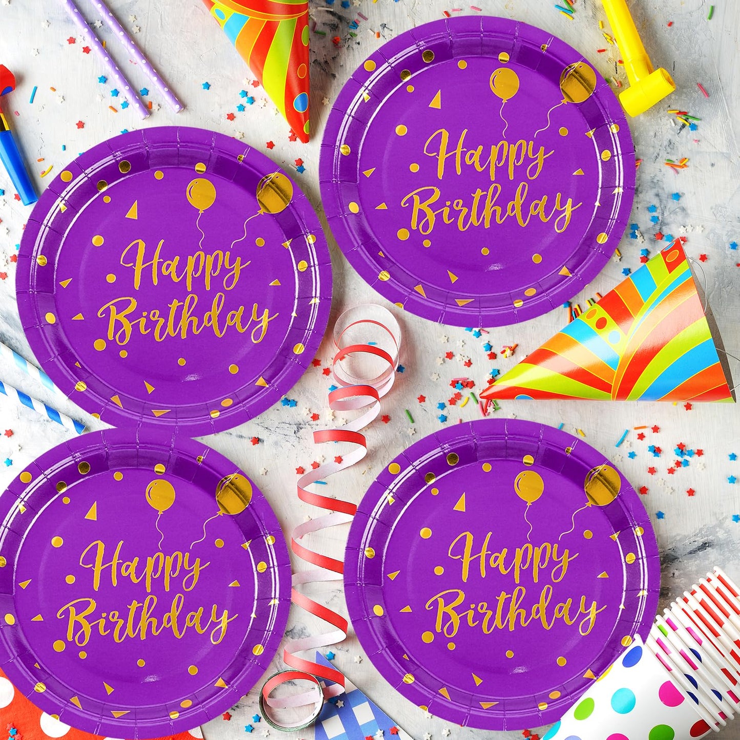 50 Pcs Purple and Gold Paper Plates,9 inch Halloween Paper Plates Disposable Happy Birthday Dessert Cake Plate Party Supplies for Halloween Fall Thanksgiving Birthday Wedding Party Decorations