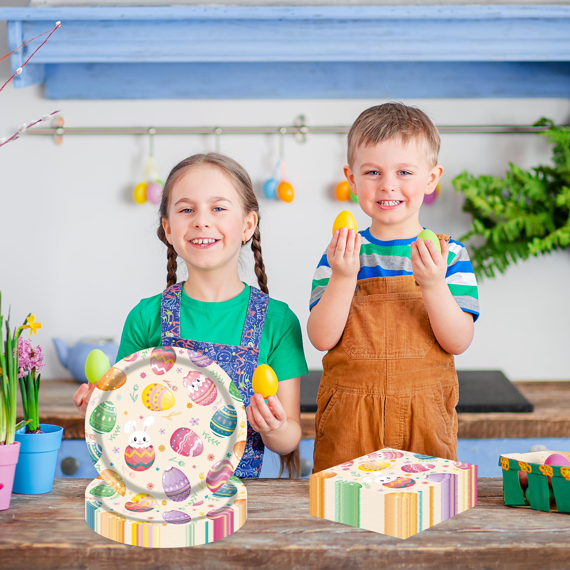 50 Pcs Easter Paper Plates and Napkins, 7 Inch Colorful Bunny & Egg Tableware Set, Serves 25