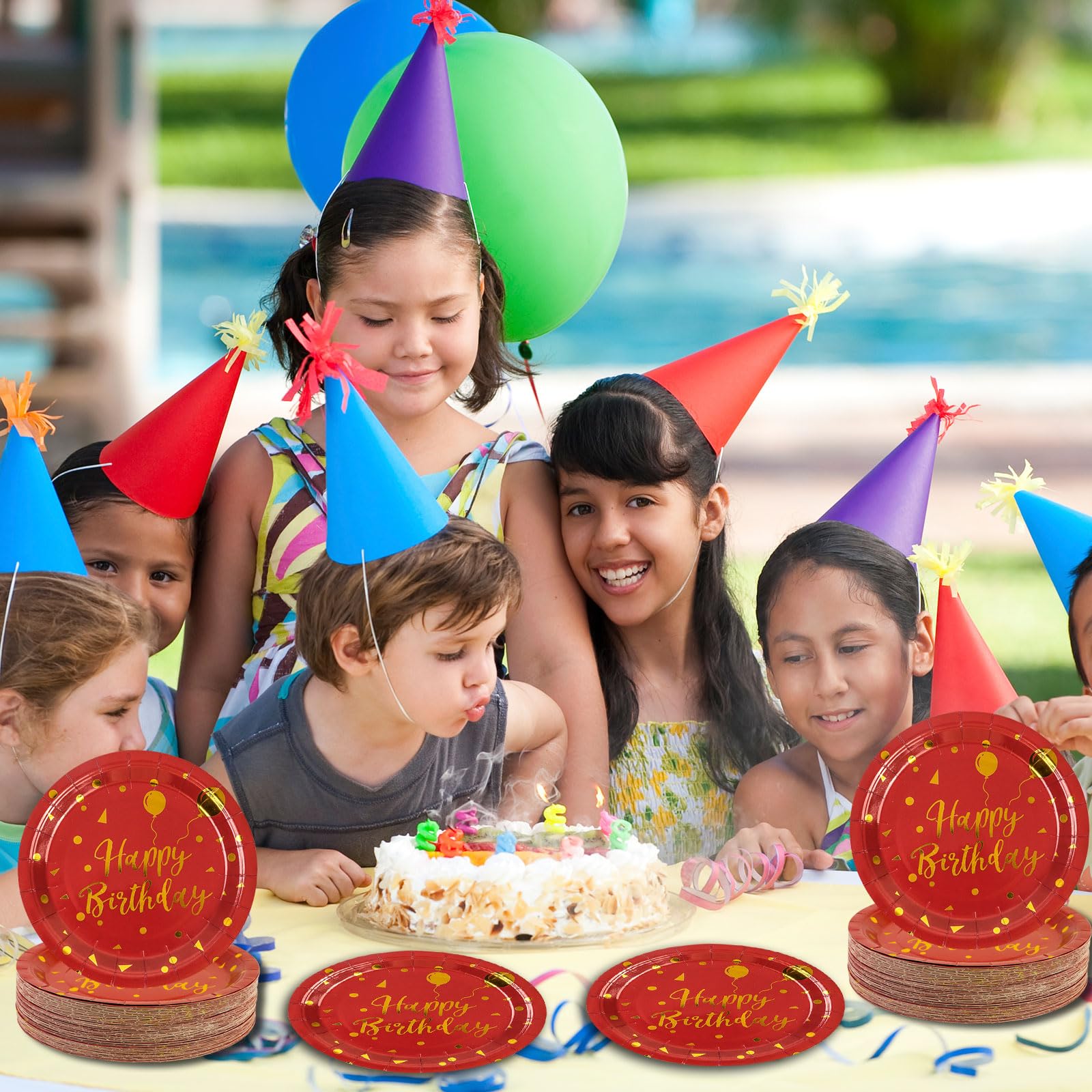EVYIENEN 50 Pack Happy Birthday Red and Gold Paper Plates, 7 inch Metallic Foil Polka Dots Disposable Dessert Party Supplies for Graduation Wedding Holiday Christma Party Decorations