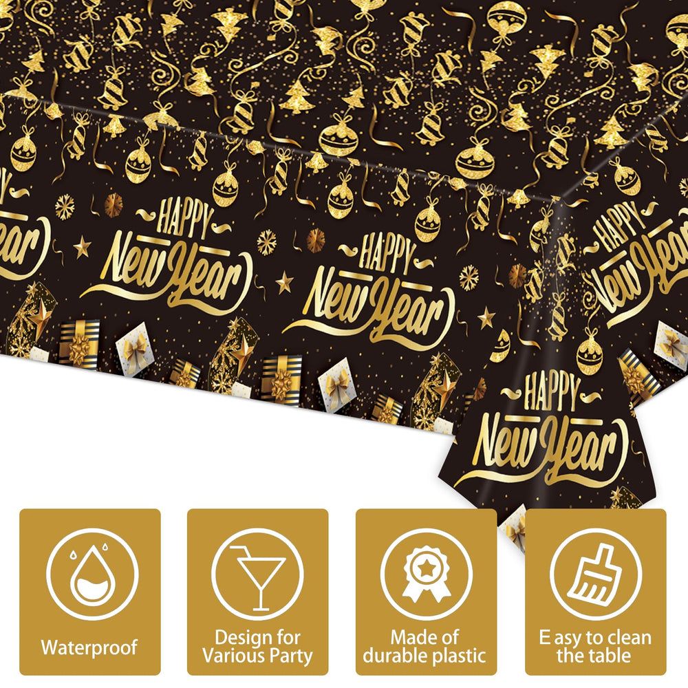 EVYIENEN 3Pcs Happy New Year Tablecloths,Black and Gold Table Covers Disposable Plastic Waterproof Tables Cover for 2026 New Year Table Supplies — image 3