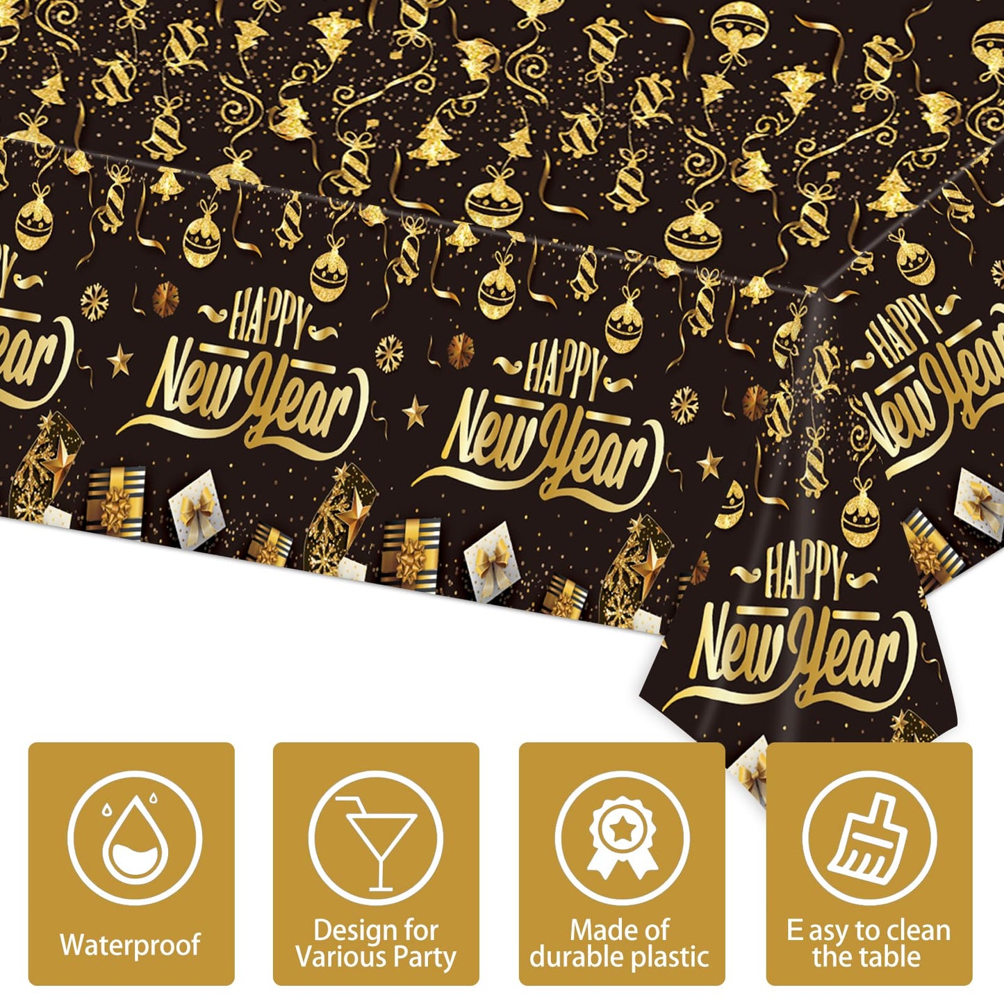 EVYIENEN 3Pcs Happy New Year Tablecloths,Black and Gold Table Covers Disposable Plastic Waterproof Tables Cover for 2026 New Year Table Supplies