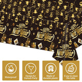 EVYIENEN 3Pcs Happy New Year Tablecloths,Black and Gold Table Covers Disposable Plastic Waterproof Tables Cover for 2026 New Year Table Supplies