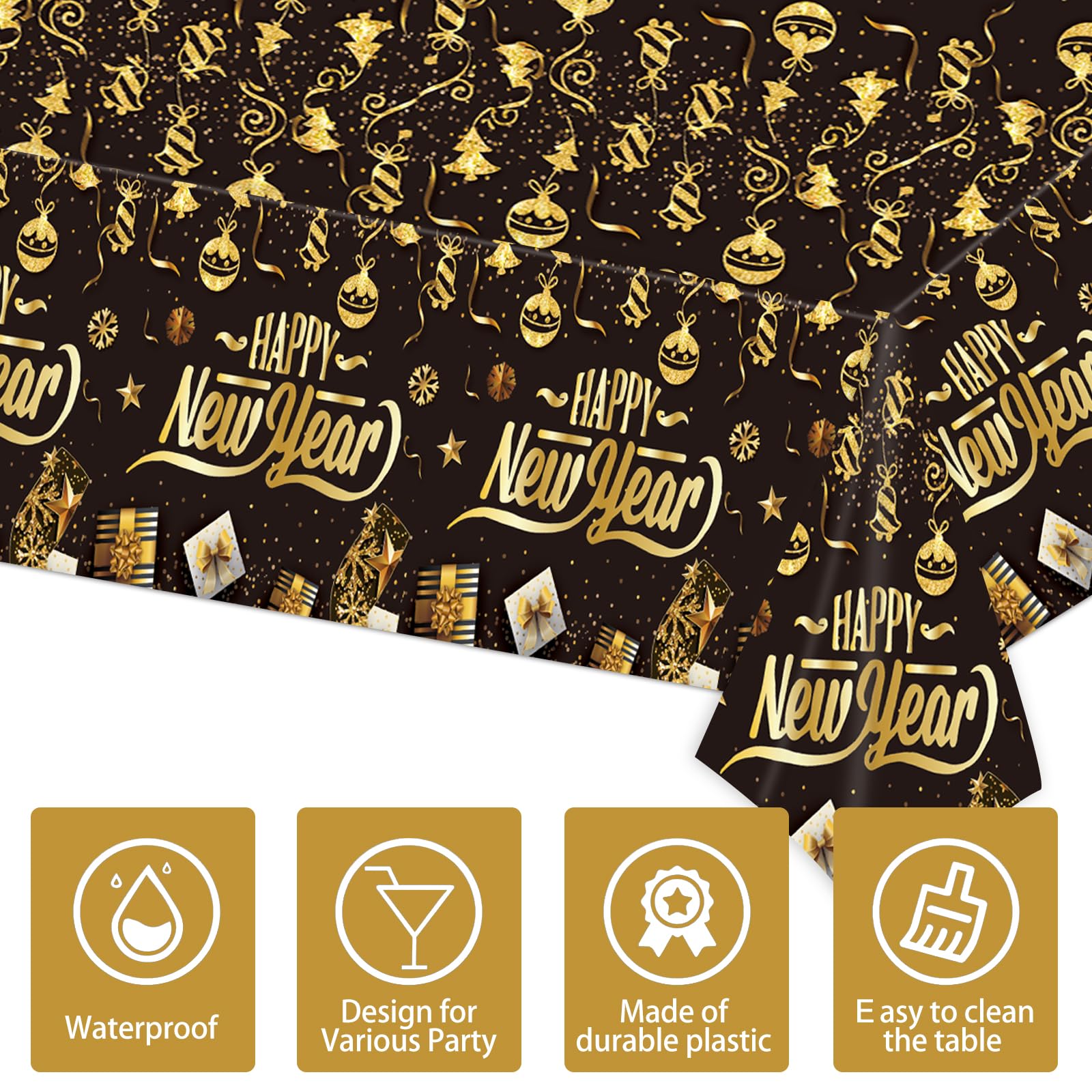 EVYIENEN 3Pcs Happy New Year Tablecloths,Black and Gold Table Covers Disposable Plastic Waterproof Tables Cover for 2026 New Year Table Supplies