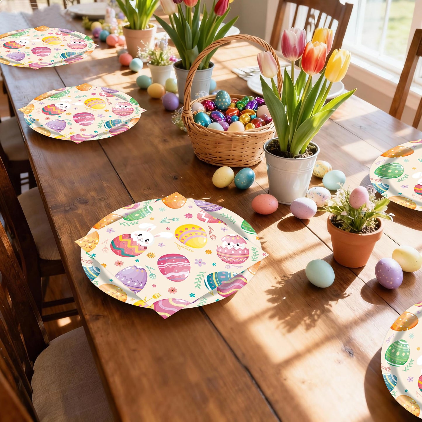 50 Pcs Easter Paper Plates and Napkins, 7 Inch Colorful Bunny & Egg Tableware Set, Serves 25