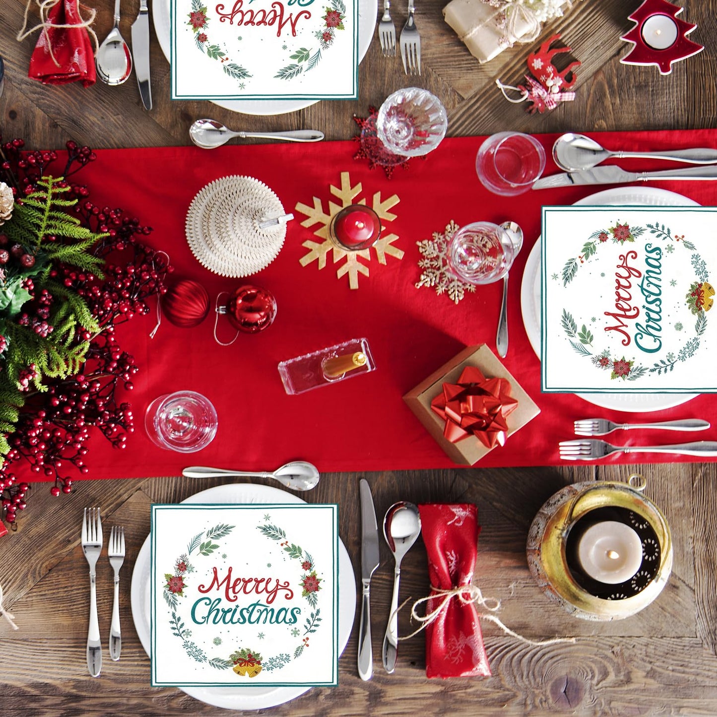 50pcs Merry Christmas Napkins Paper,13 x 13 Inch Disposable Christmas Cocktail Napkins,Holly Leaves Red Berries Napkin Dinnerware Sets for Winter Xmas Party Table Decorations Supplies Favors